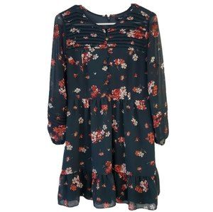 MADEWELL Sheer-Sleeve Pintuck Ruffle Dress in Spruce Blooms EUC Size 4